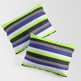 [ Thumbnail: Eyecatching Midnight Blue, Lavender, Light Green, Black, and Dim Gray Colored Stripes/Lines Pattern Pillow Sham ]