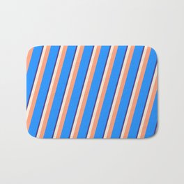 [ Thumbnail: Dark Slate Blue, Beige, Light Salmon & Blue Colored Pattern of Stripes Bath Mat ]