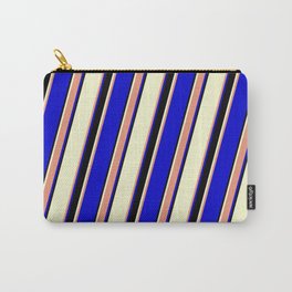 [ Thumbnail: Light Yellow, Dark Salmon, Blue, and Black Colored Striped/Lined Pattern Carry-All Pouch ]
