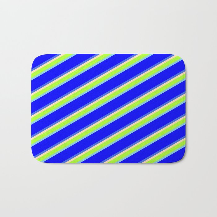Beige, Light Green, Sky Blue, Blue & Royal Blue Colored Pattern of Stripes Bath Mat