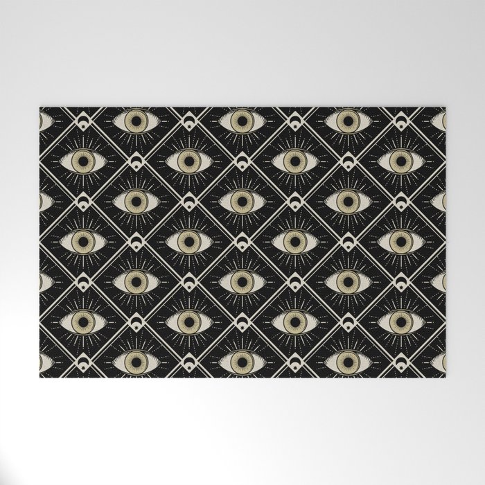 Esoteric eyes and moons geometric on black Welcome Mat