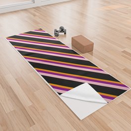 [ Thumbnail: Eyecatching Green, Dark Orange, Purple, Pink & Black Colored Lines Pattern Yoga Towel ]