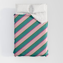 [ Thumbnail: Deep Pink, Pink, Dark Green & Teal Colored Lined/Striped Pattern Duvet Cover ]