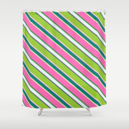 [ Thumbnail: Hot Pink, Teal, Green, and Light Cyan Colored Stripes/Lines Pattern Shower Curtain ]