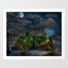 A dream world full of books fantasy book jack art by 'Lil Beethoven Publishing poster for library, office, bar, dining room, bedroom home decor Art Print