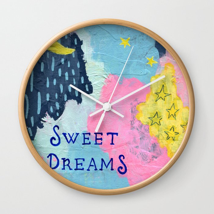 Sweet Dreams, Moon and Stars Painting, Child's Room Decor, Pink, Yellow, Blue Wall Clock