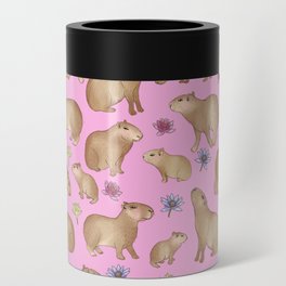 Cute Capybaras and Waterlillies on Hot Pink Can Cooler