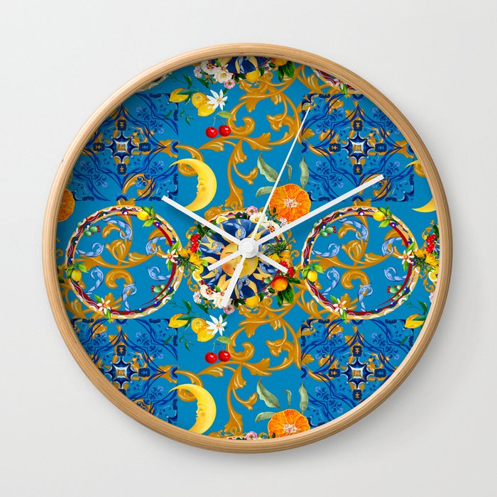 Sicilian sun,half moon,majolica,Mediterranean art Wall Clock