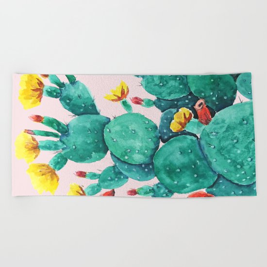 flowering cactus watercolor painting Beach Towel