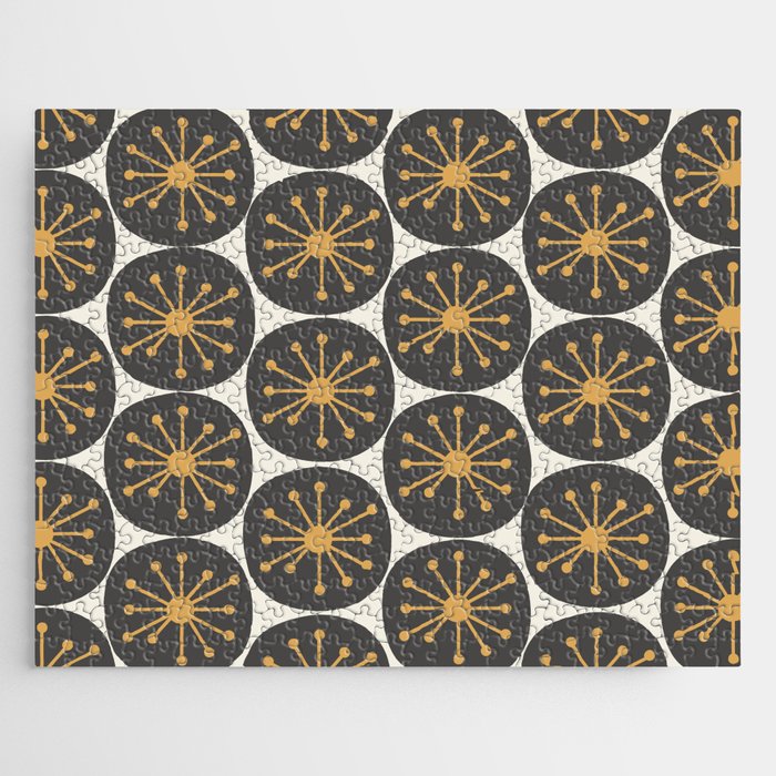 Atomic Retro Dots Midcentury Modern Pattern Charcoal Grey, Muted Mustard Gold, and Cream Jigsaw Puzzle