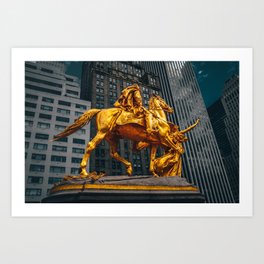 New York City Manhattan skyline and a statue Art Print