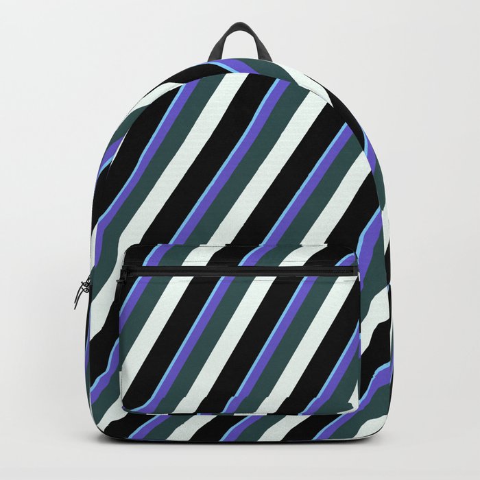 Vibrant Light Sky Blue, Slate Blue, Dark Slate Gray, Mint Cream & Black Colored Lined Pattern Backpack