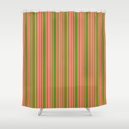 [ Thumbnail: Salmon and Green Colored Lines Pattern Shower Curtain ]