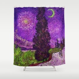 Road with Cypress and Star; Country Road in Provence by Night, oil-on-canvas post-impressionist landscape painting by Vincent van Gogh in alternate purple twilight sky Shower Curtain