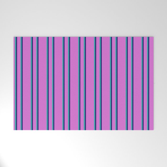 Orchid, Midnight Blue, and Light Sea Green Colored Striped Pattern Welcome Mat