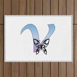 Butterfly Silhouette on Monogram Lower Case v Gradient Blue Purple Outdoor Rug