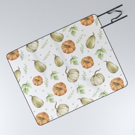 Pumpkin harvest and autumn leaves watercolor Picnic Blanket