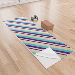 [ Thumbnail: Indigo, Tan, and Turquoise Colored Striped/Lined Pattern Yoga Towel ]
