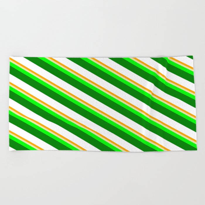 Vibrant Orange, Pale Goldenrod, Lime, Green, and White Colored Stripes/Lines Pattern Beach Towel