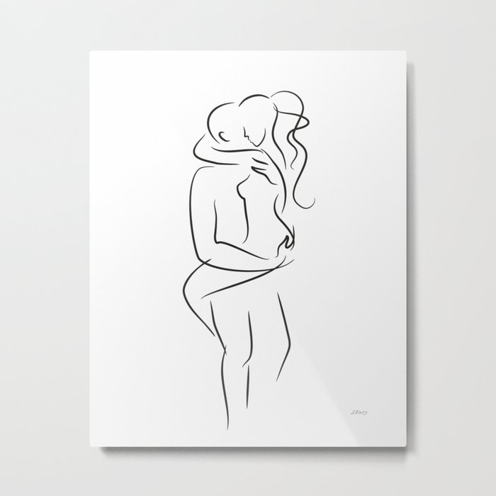 Sexy drawing of a couple kissing. Erotic embrace line art. Metal Print