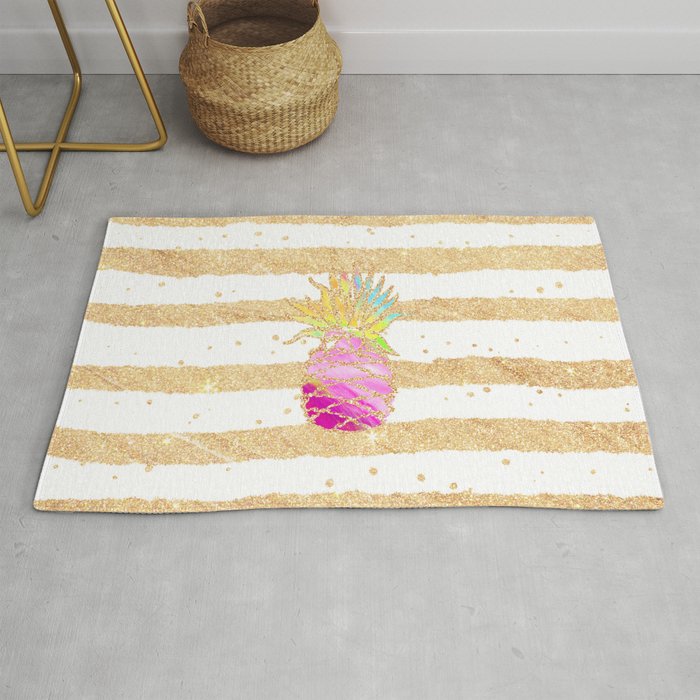 Modern pink watercolor pineapple faux gold glitter stripes Rug by Pink