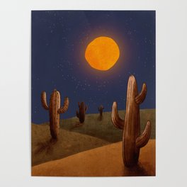 Desert Night, desert landscape at night with cactus and moon Poster
