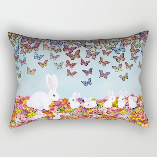 bunnies, flowers, and butterflies Rectangular Pillow