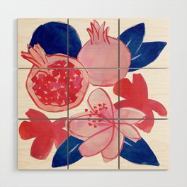 Pomegranate watercolor retro pink and blue Wood Wall Art