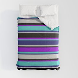 [ Thumbnail: Colorful Dark Violet, Turquoise, Midnight Blue, Light Gray & Black Colored Striped/Lined Pattern Comforter ]