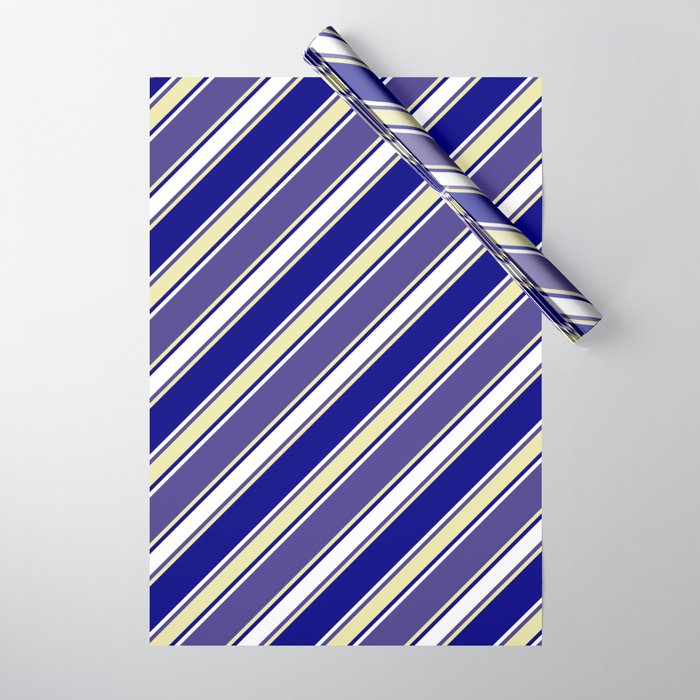 Dark Slate Blue, Pale Goldenrod, Blue & White Colored Lines Pattern Wrapping Paper