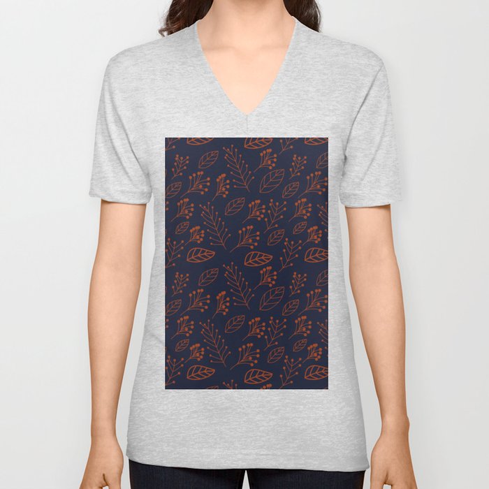 Rust leaves and branches on dark blue V Neck T Shirt