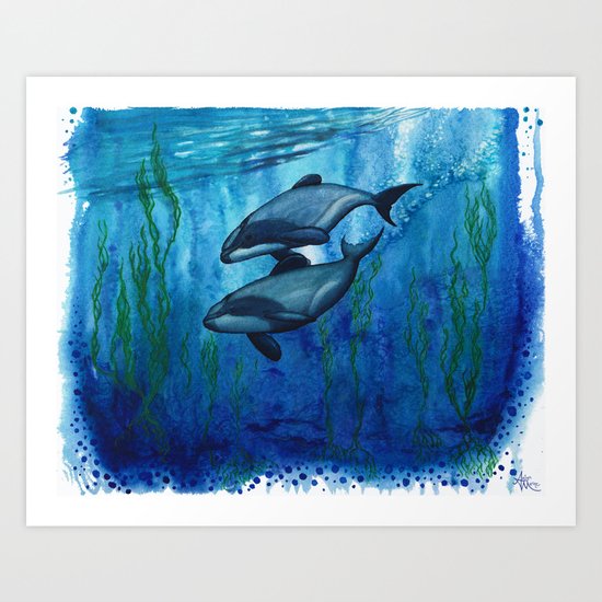 "Maui's Magic" by Amber Marine ~ (Maui's Dolphins) Watercolor Painting, (c) 2016 Art Print