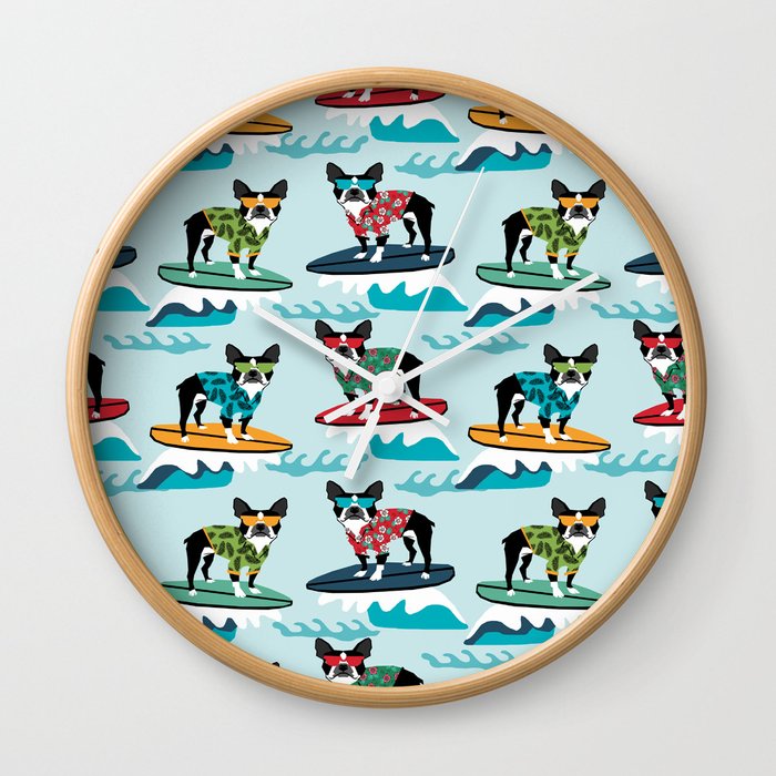 Boston Terrier surfing pattern cute pet gifts dog lovers boston terriers Wall Clock