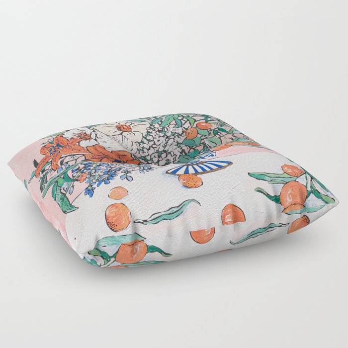 California Summer Bouquet - Oranges and Lily Blossoms in Blue and White Urn Floor Pillow