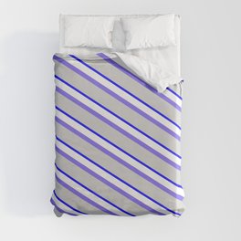 [ Thumbnail: Medium Slate Blue, Light Grey, Blue & White Colored Striped/Lined Pattern Duvet Cover ]