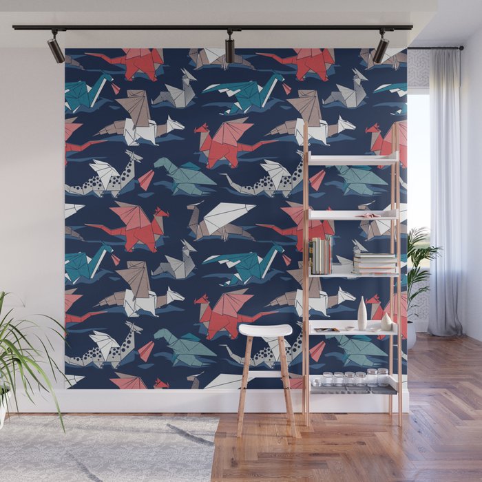Origami dragon friends // oxford navy blue background blue red grey and taupe fantastic creatures Wall Mural