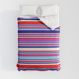 [ Thumbnail: Eye-catching Beige, Red, Dark Orchid, Sky Blue, and Dark Blue Colored Stripes/Lines Pattern Comforter ]