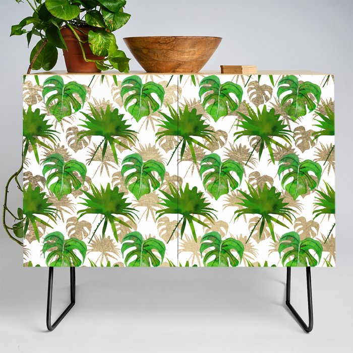 Tropical green gold watercolor palm tree monstera leaves  Credenza