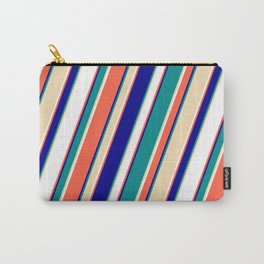 [ Thumbnail: Red, Dark Blue, Dark Cyan, Tan & White Colored Lined/Striped Pattern Carry-All Pouch ]