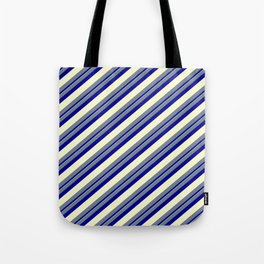 [ Thumbnail: Slate Gray, Dark Blue & Light Yellow Colored Lined Pattern Tote Bag ]