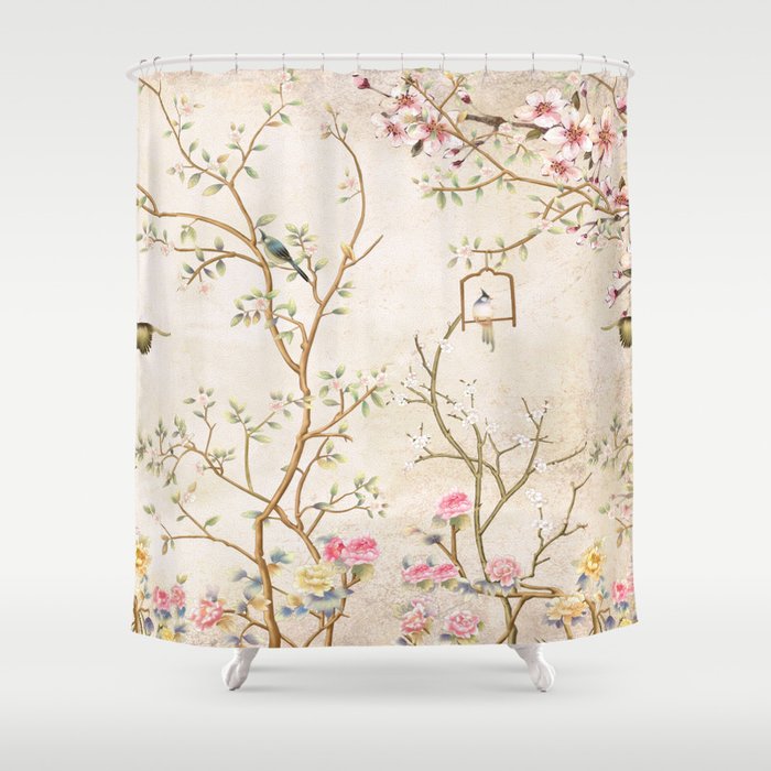 Chinoiserie Cherry Blossom Bird Garden Fresco Shower Curtain