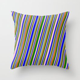 [ Thumbnail: Eyecatching Pink, Blue, Dark Sea Green, Chocolate, and Green Colored Pattern of Stripes Throw Pillow ]
