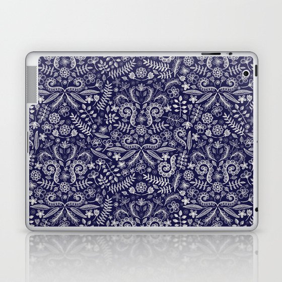 Chalkboard Floral Doodle Pattern in Navy & Cream Laptop & iPad Skin