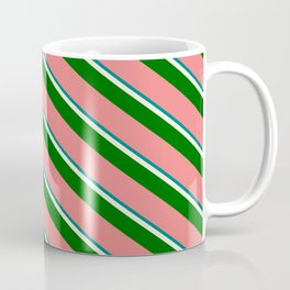 [ Thumbnail: Teal, Beige, Dark Green & Light Coral Colored Lines Pattern Coffee Mug ]