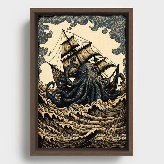 Vintage Kraken Ship Framed Canvas