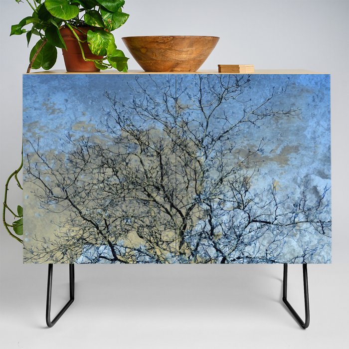 Vintage abstract leafless tree on blue sky Credenza