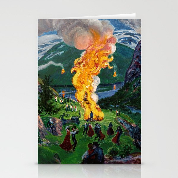 Tyrol Alpine River Valley Bonfires of the Summer Solstice landscape painting by Nikolai Astrup Stationery Cards