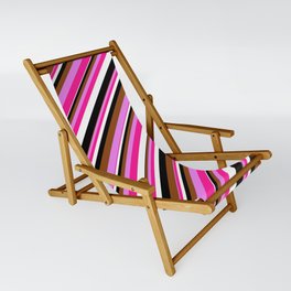 [ Thumbnail: Vibrant Brown, Violet, Deep Pink, White, and Black Colored Striped Pattern Sling Chair ]