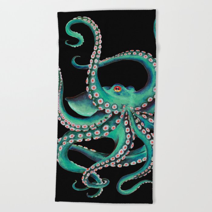 Octopus Tentacles Dance Teal Watercolor Ink Black Beach Towel