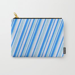 [ Thumbnail: Blue, Light Blue & Lavender Colored Lined/Striped Pattern Carry-All Pouch ]